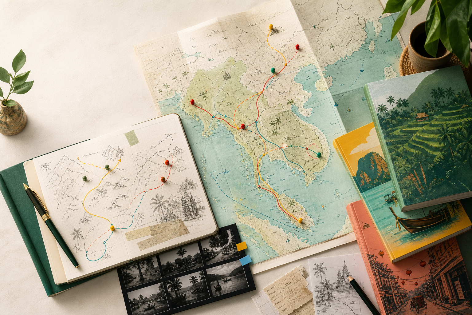 Open travel planning desk with annotated maps, guidebooks and route pins